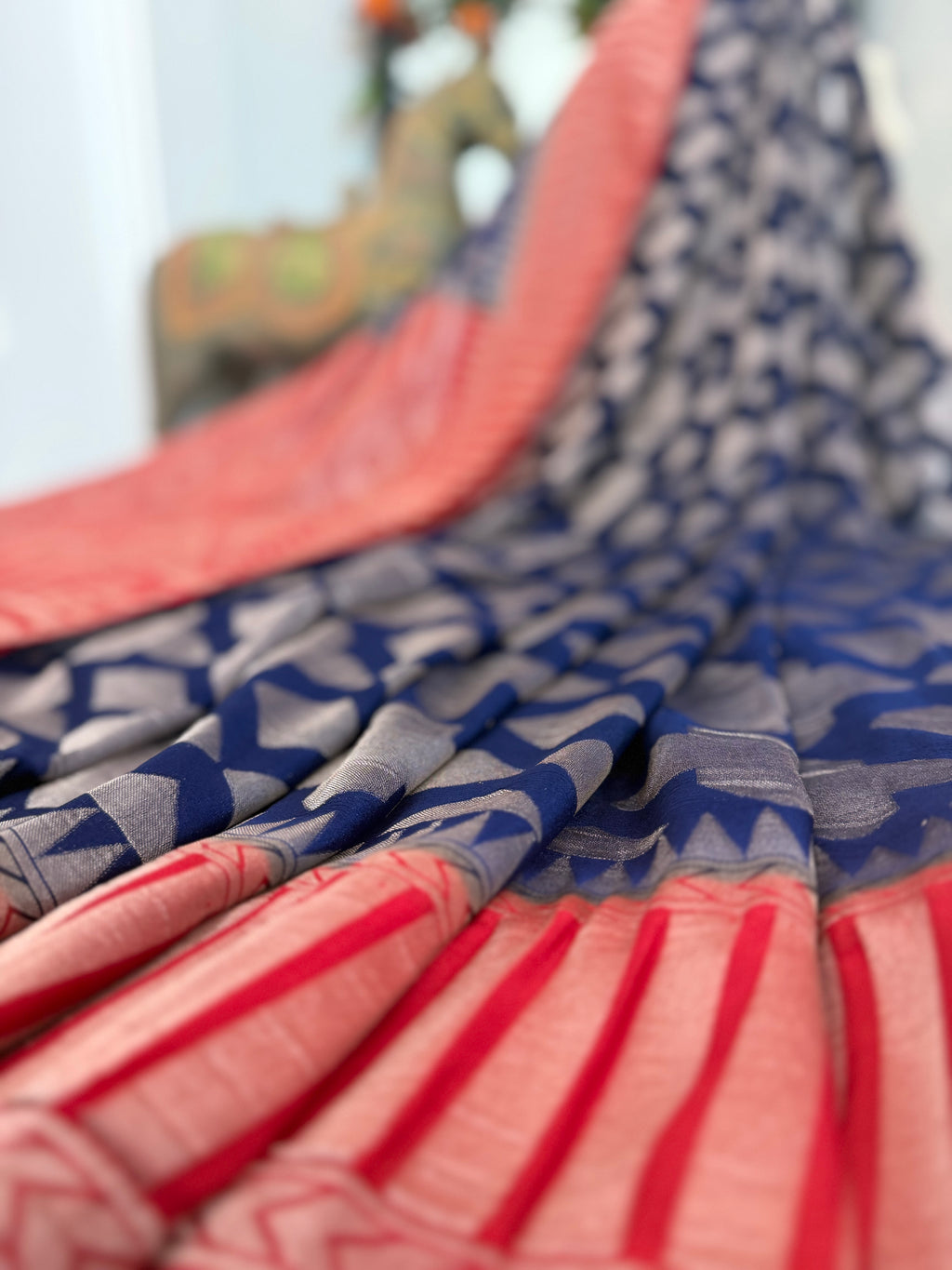Semi Georgette - Navy & Coral
