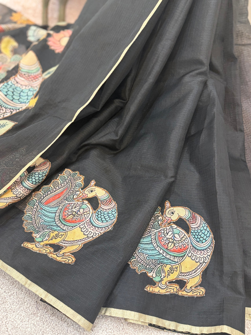 Silk Kota - Black with Kalamkari appliqué