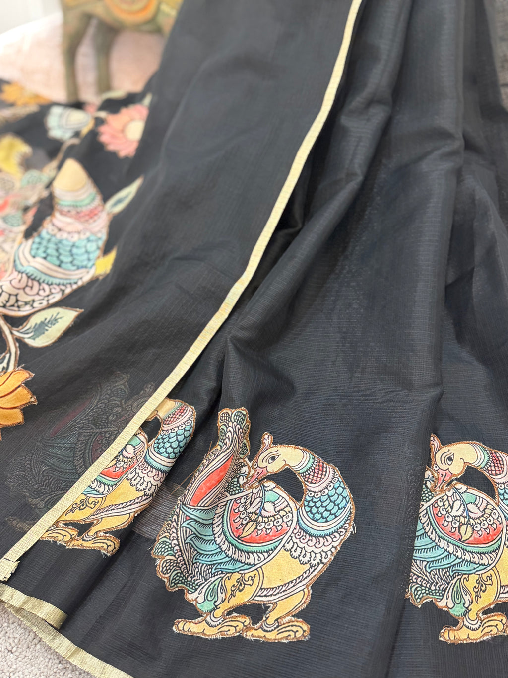 Silk Kota - Black with Kalamkari appliqué