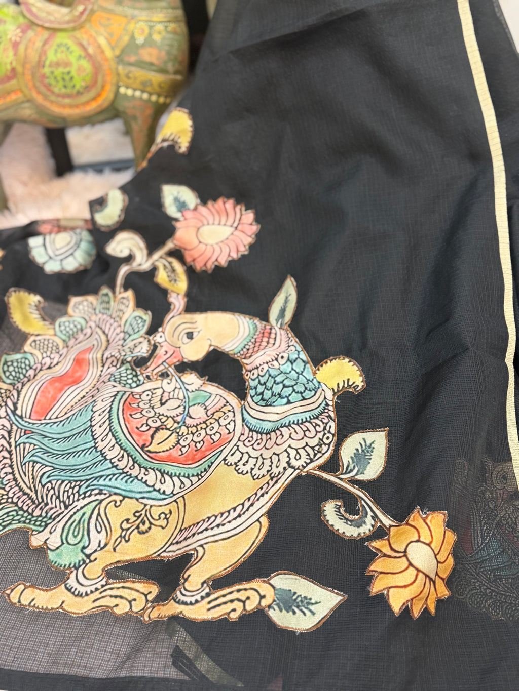 Silk Kota - Black with Kalamkari appliqué
