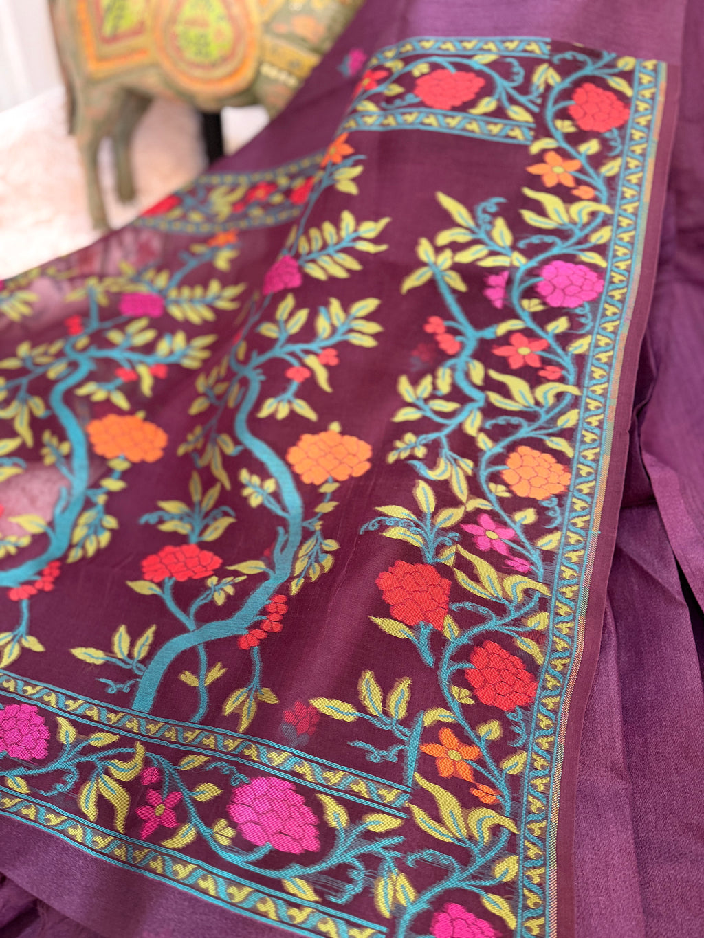 Raw Silk Jamdani - Mulberry