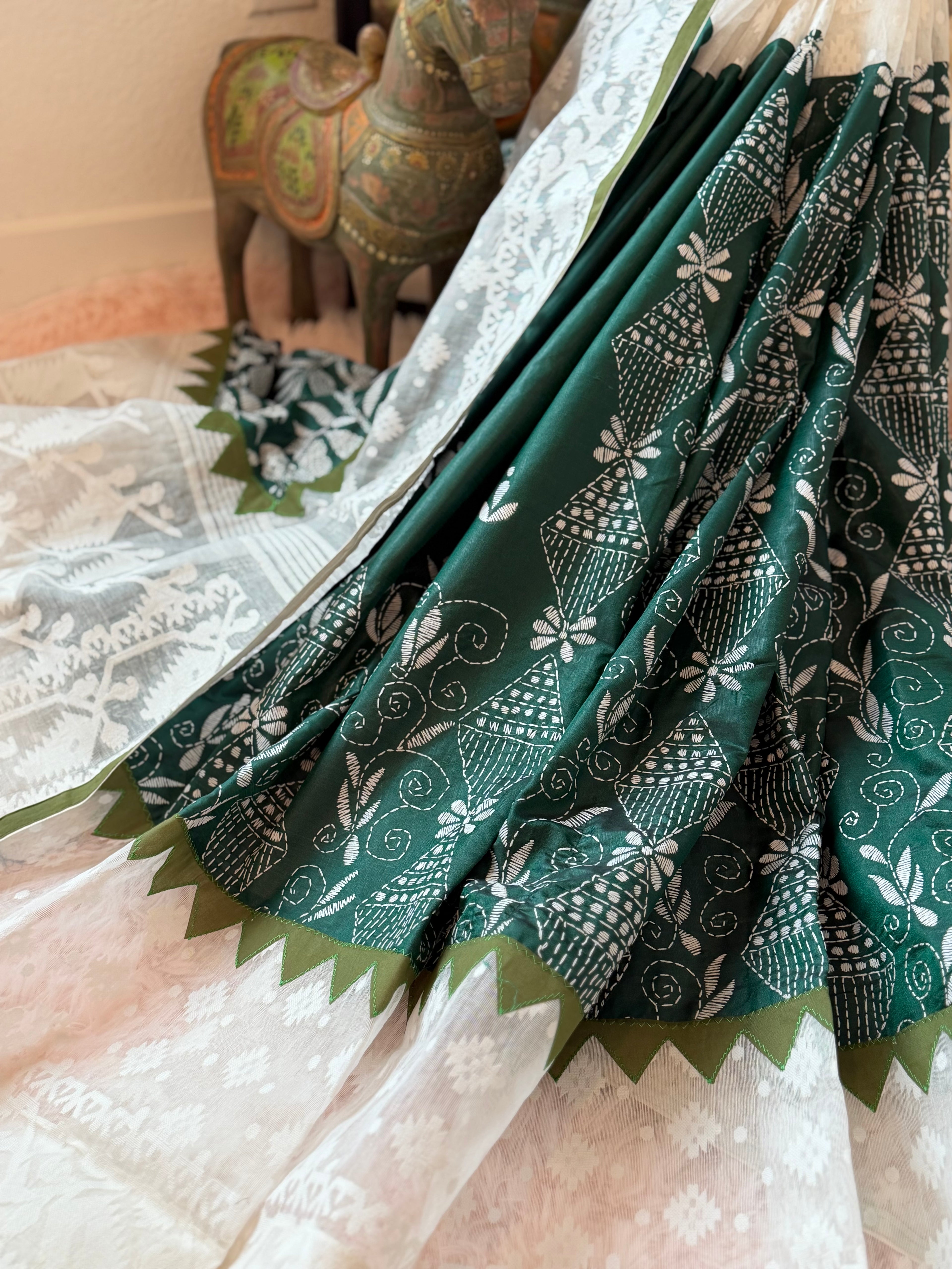 Jamdani & Kanta work - Green and White