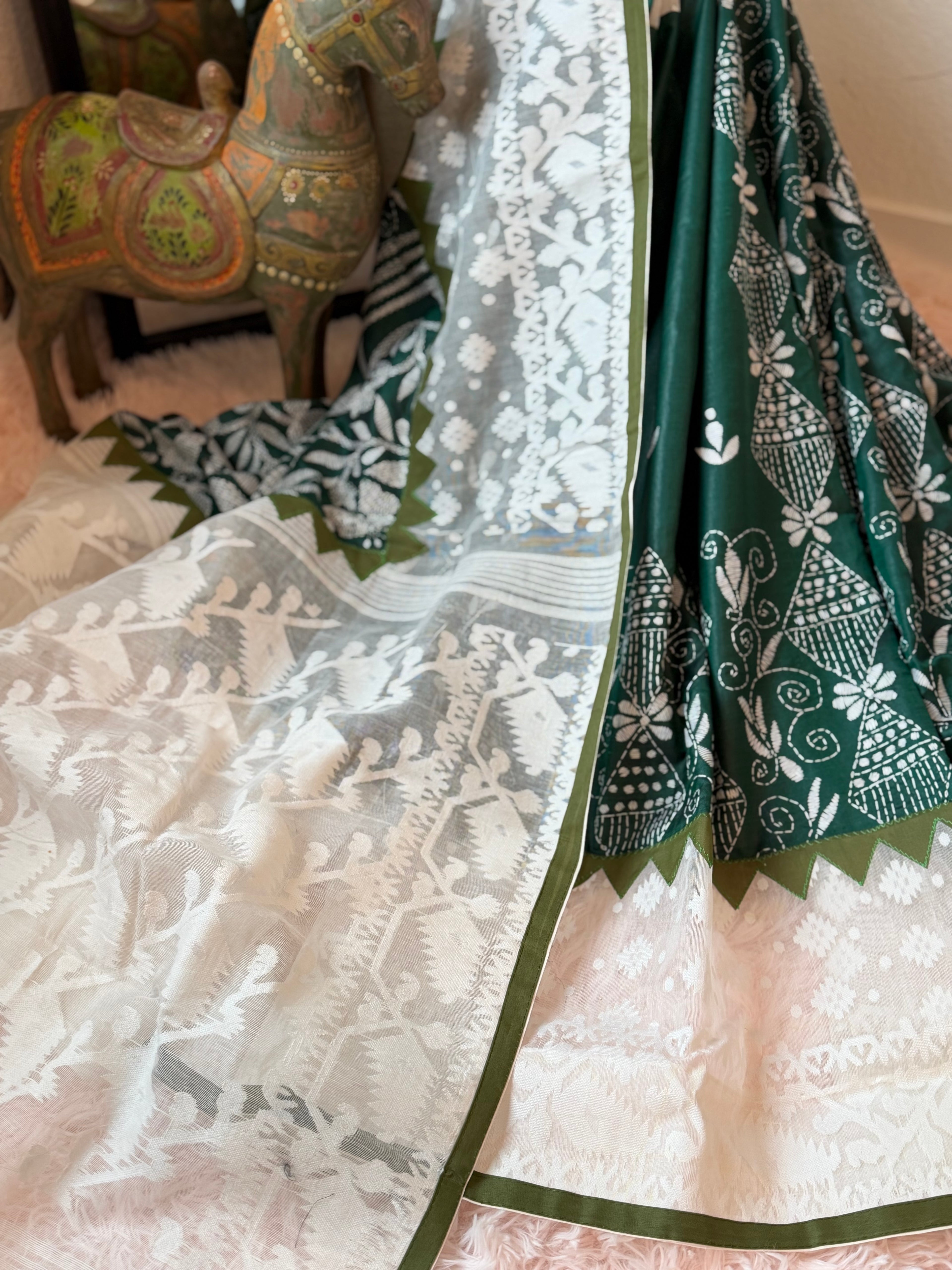 Jamdani & Kanta work - Green and White