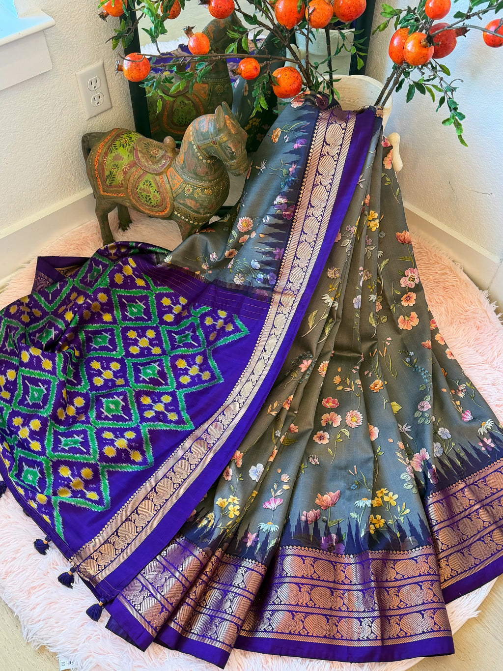 Gadwal Fusion Saree - Royal Azure