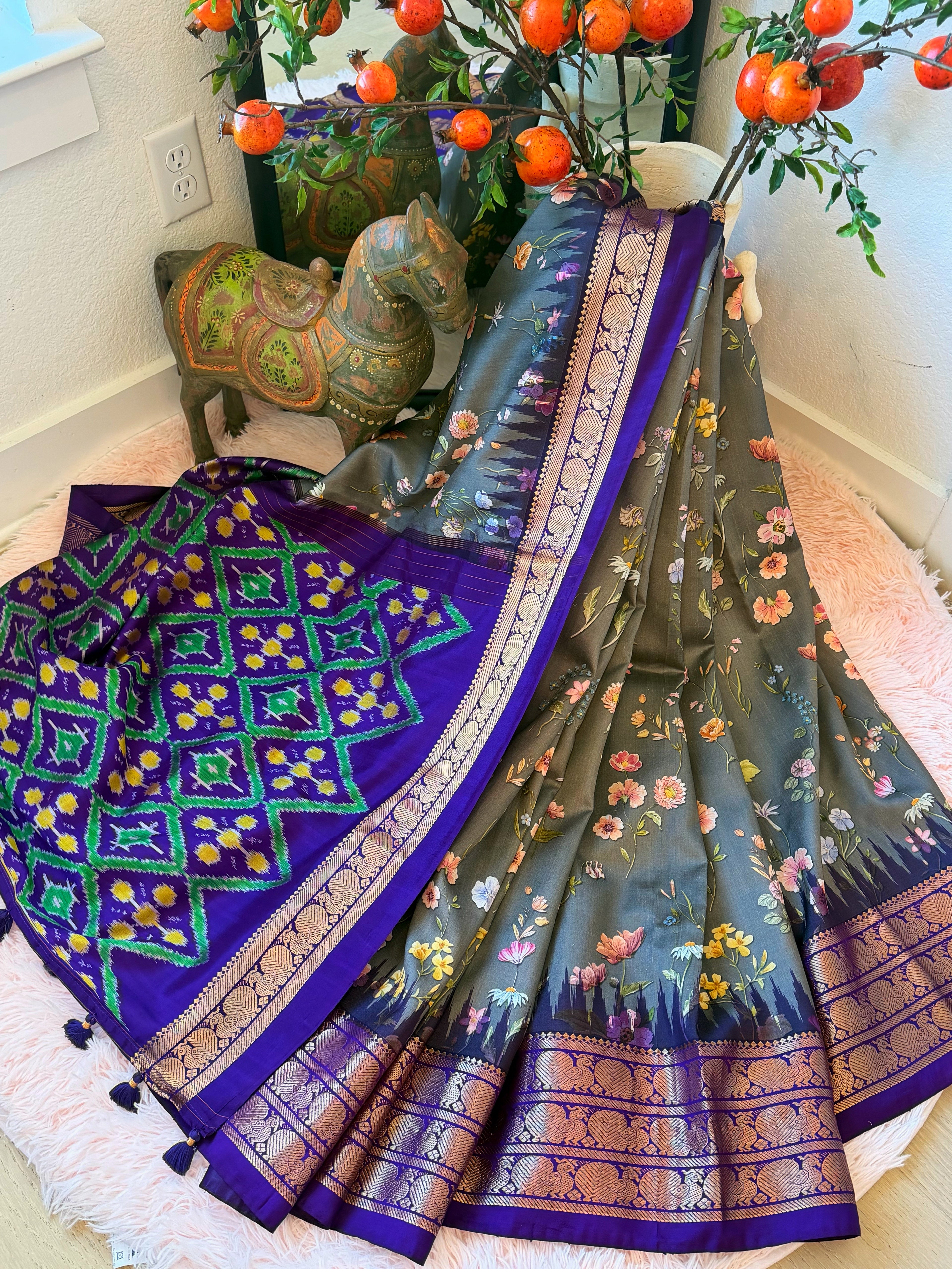 Gadwal Fusion Saree - Royal Azure
