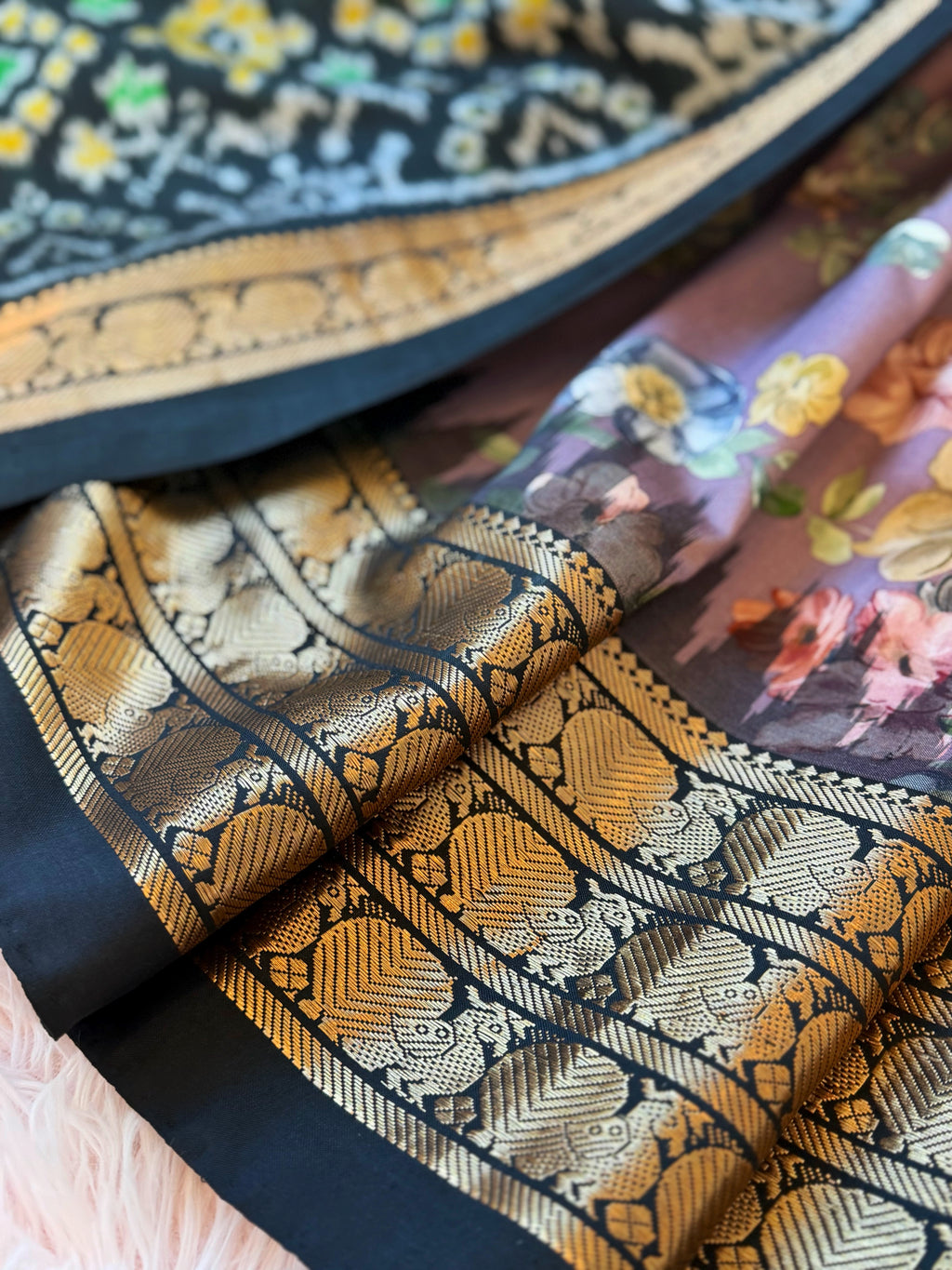 Gadwal Fusion Saree - Midnight Garden