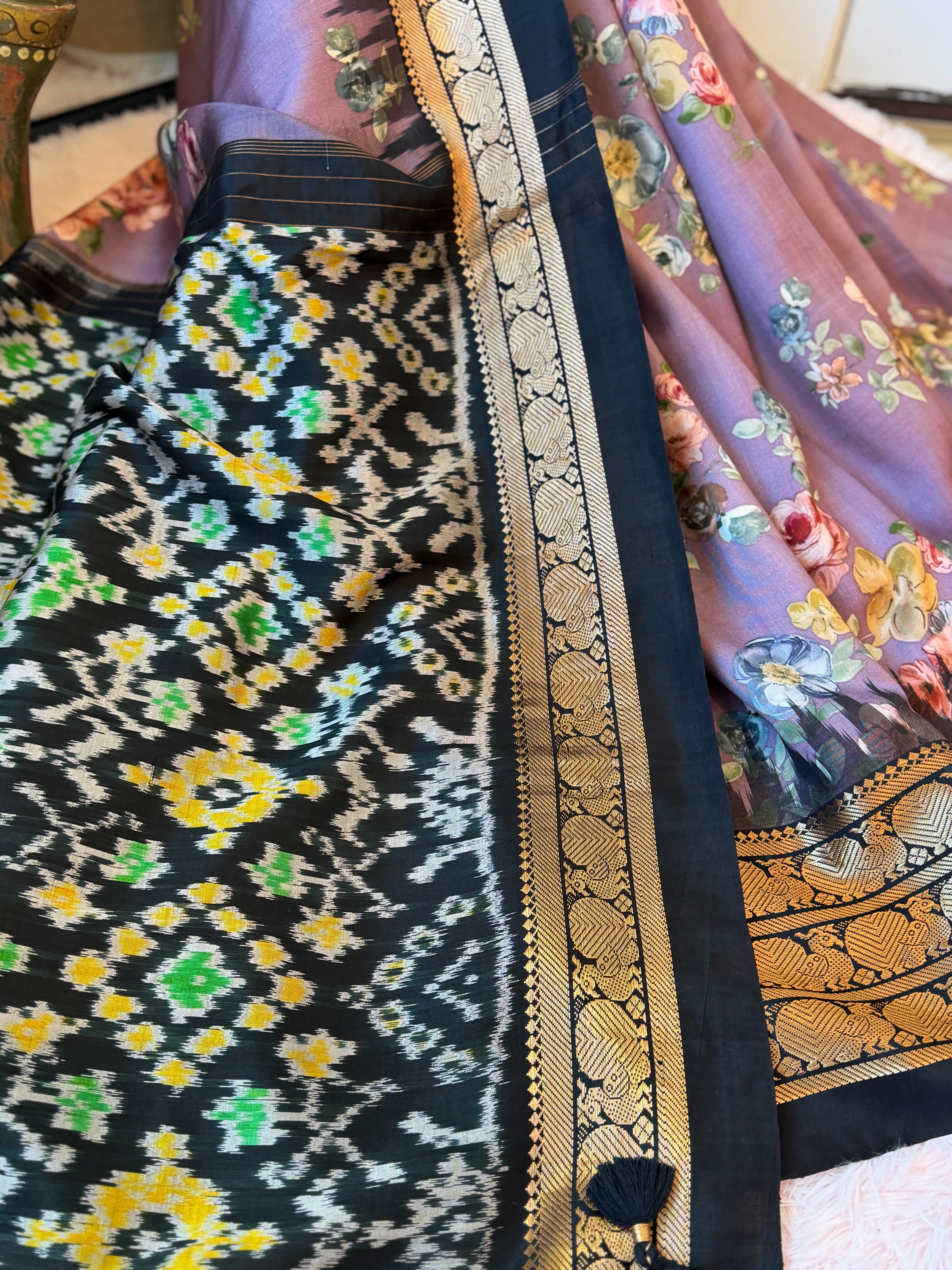 Gadwal Fusion Saree - Midnight Garden