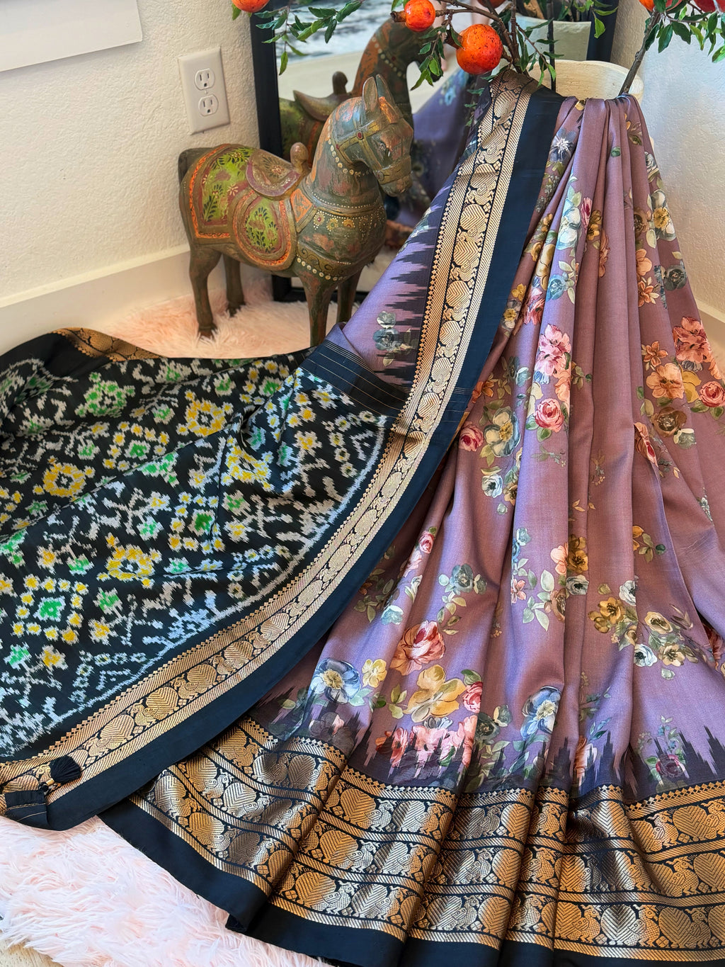 Gadwal Fusion Saree - Midnight Garden