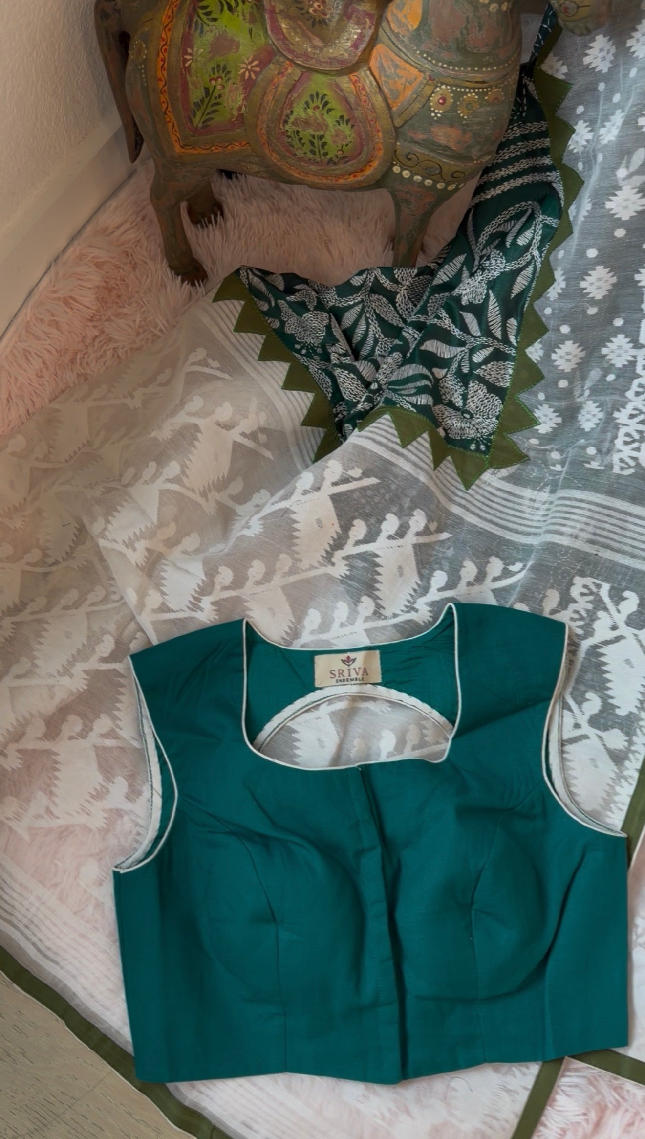 Jamdani & Kanta work - Green and White